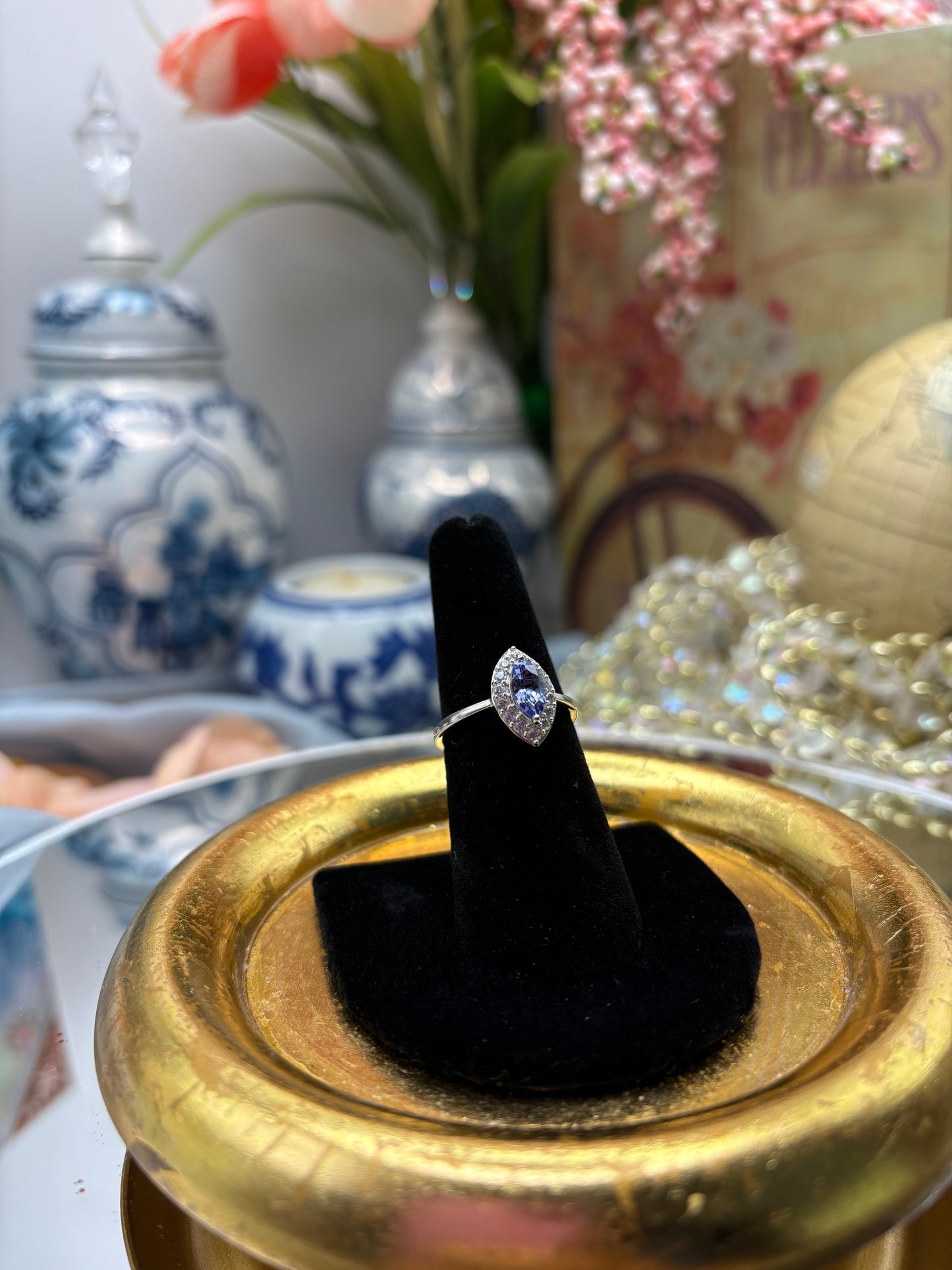 Tanzanite, Natural White Zircon Halo Ring in Platinum Over Sterling Silver