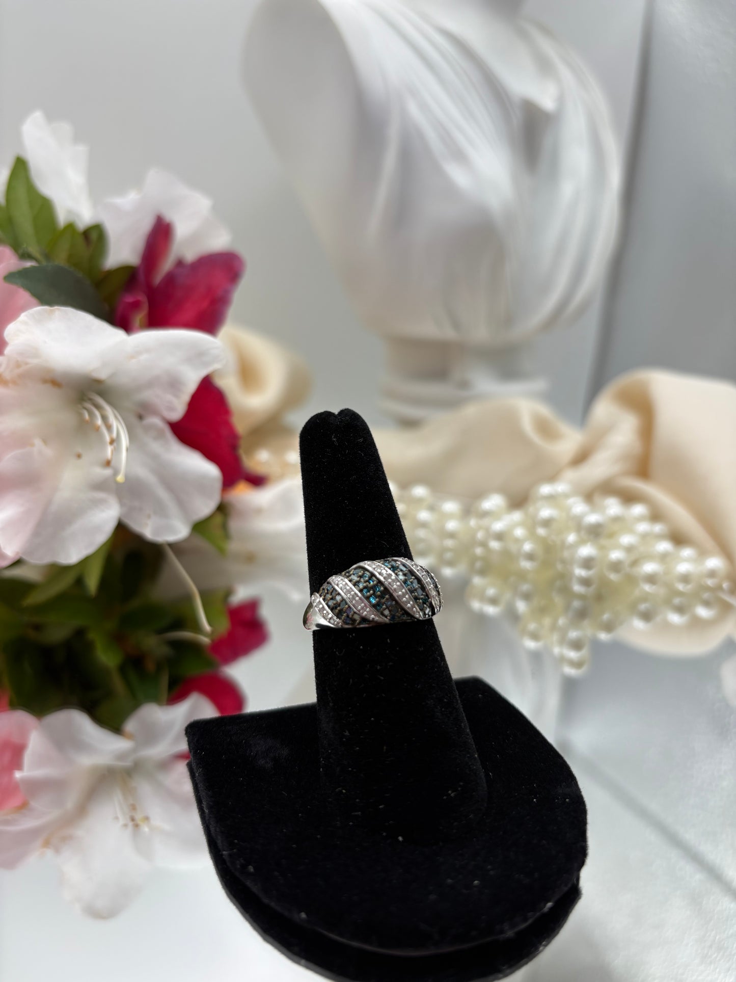 Blue Diamond , Diamond Ring in Rhodium and Platinum Over Sterling Silver