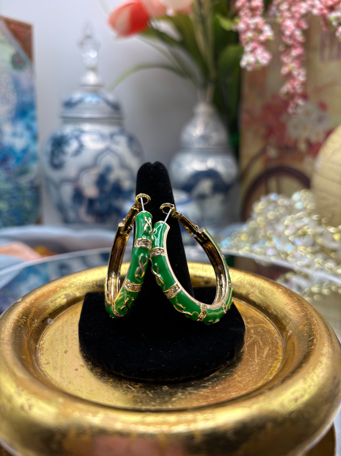 White Austrian Crystal , Green Enameled Hoop Earrings in Goldtone