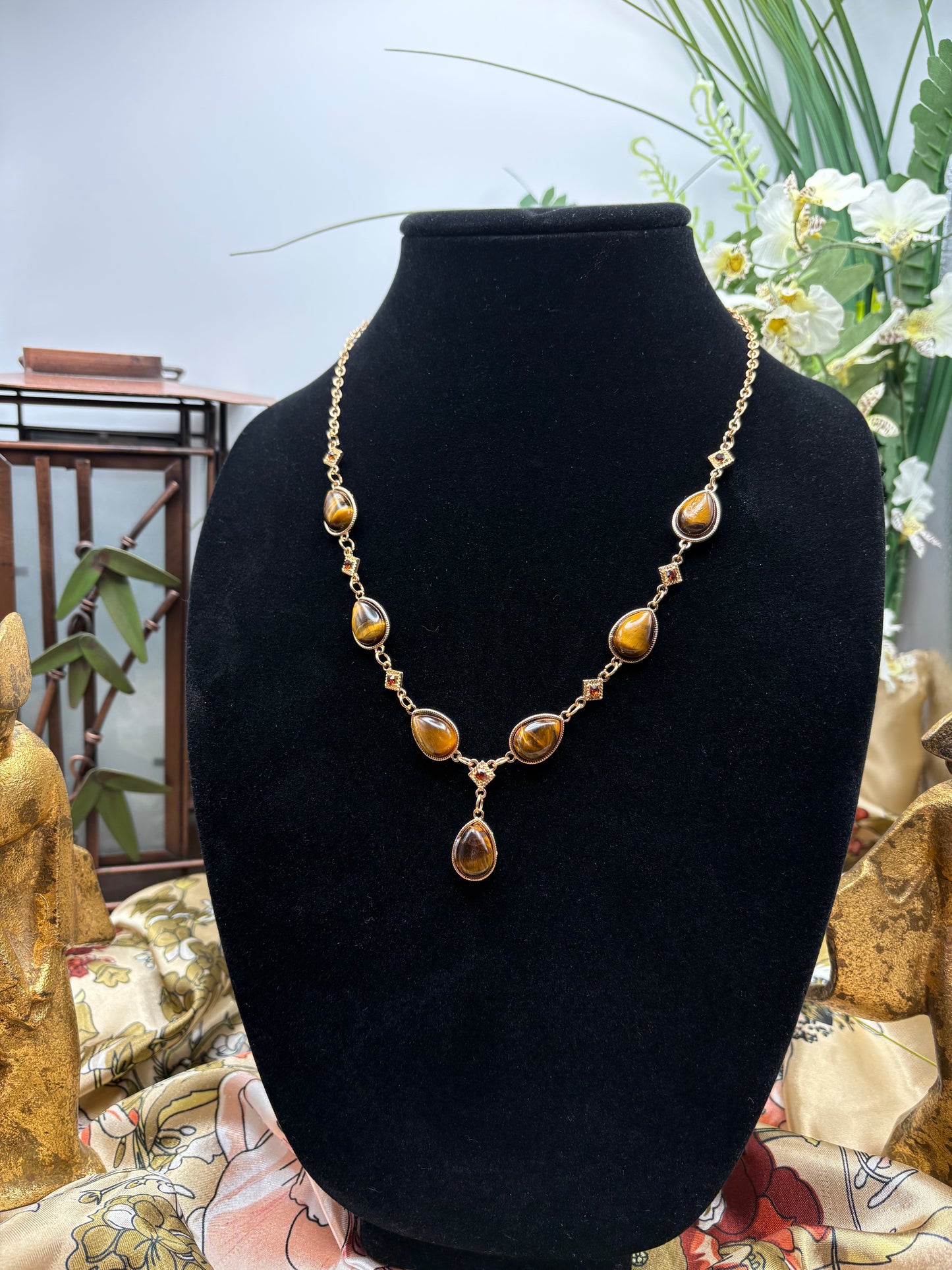 Yellow Tigers Eye, Brown Austrian Crystal Necklace