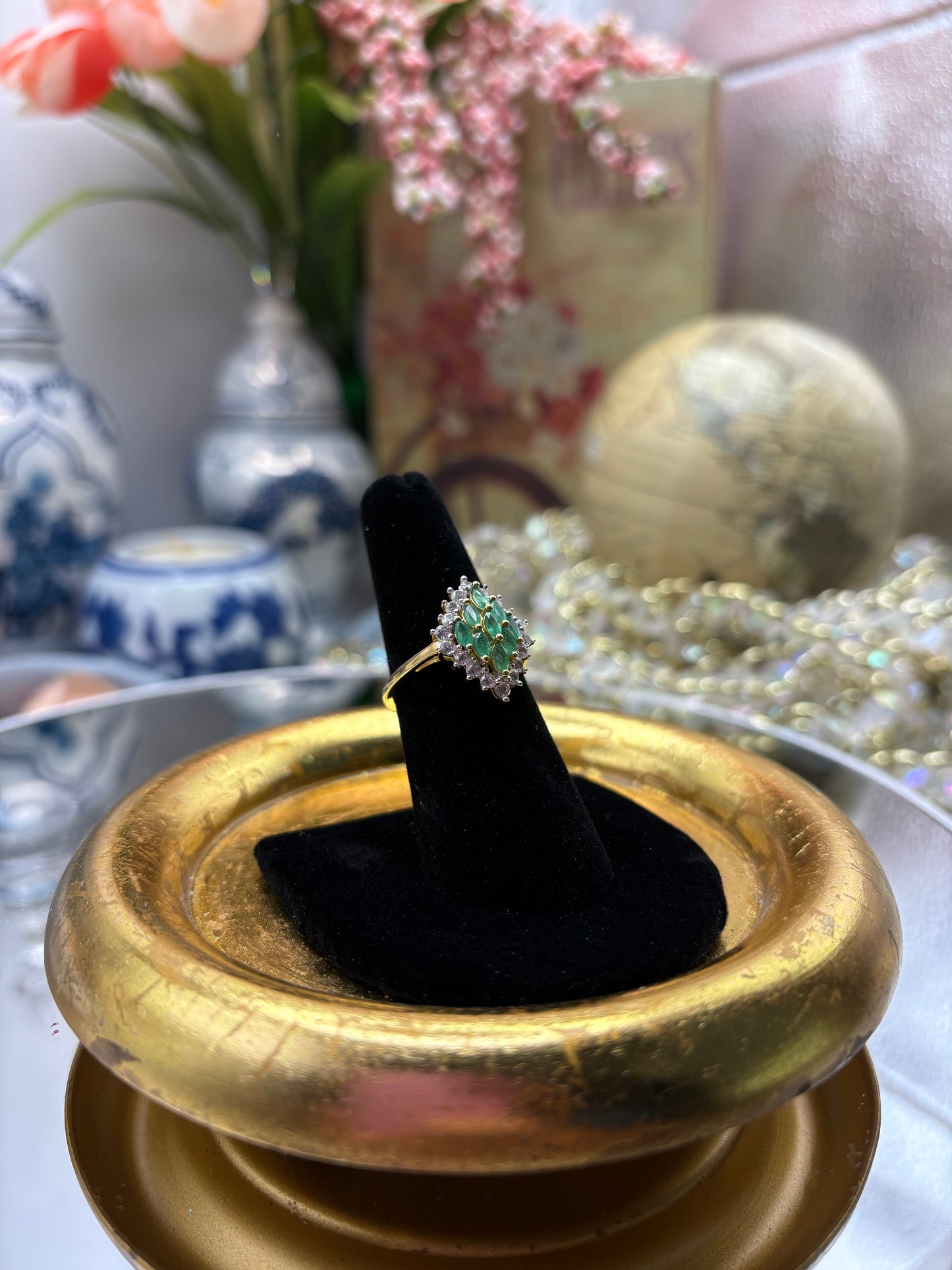 Kagem Zambian Emerald , White Zircon Verdant Halo Ring in 18K Vermeil YG Over Sterling Silver