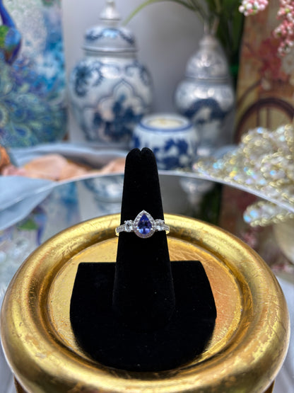 Tanzanite , White Zircon Ring in Rhodium Over Sterling Silver
