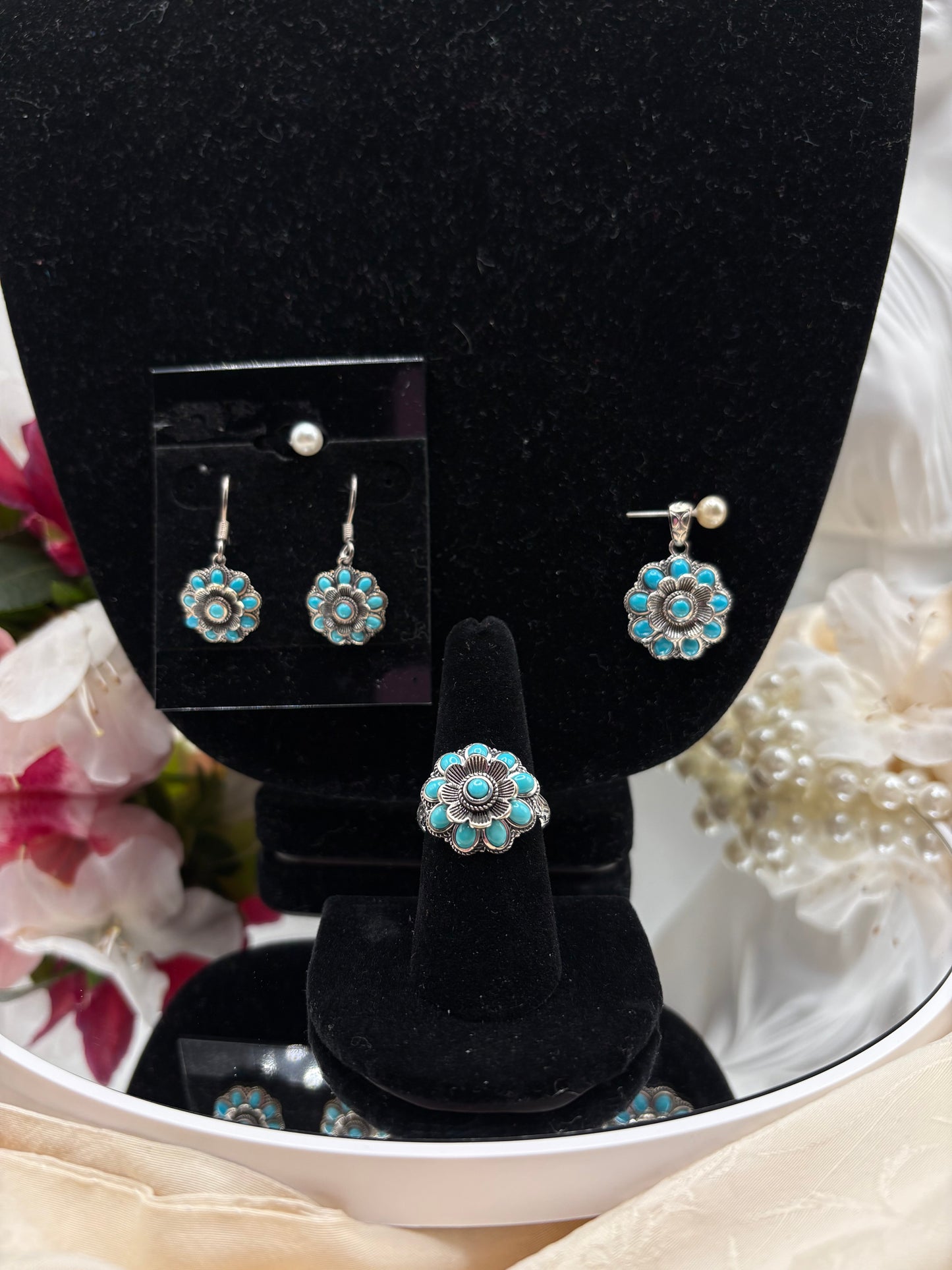 Artisan Crafted Sleeping Beauty Turquoise Floral Set in Black Oxidized Serling Silver