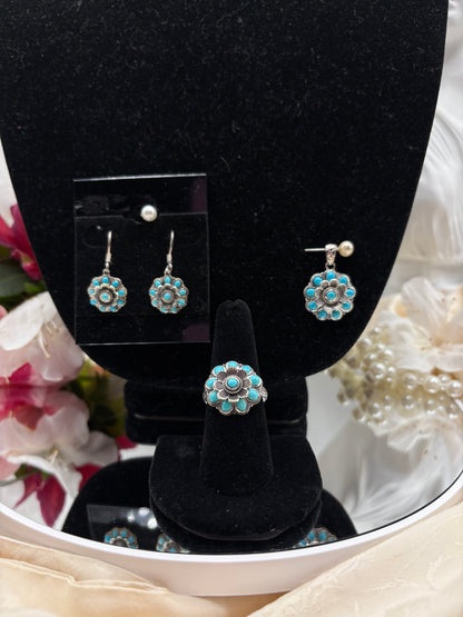 Artisan Crafted Sleeping Beauty Turquoise Floral Set in Black Oxidized Serling Silver