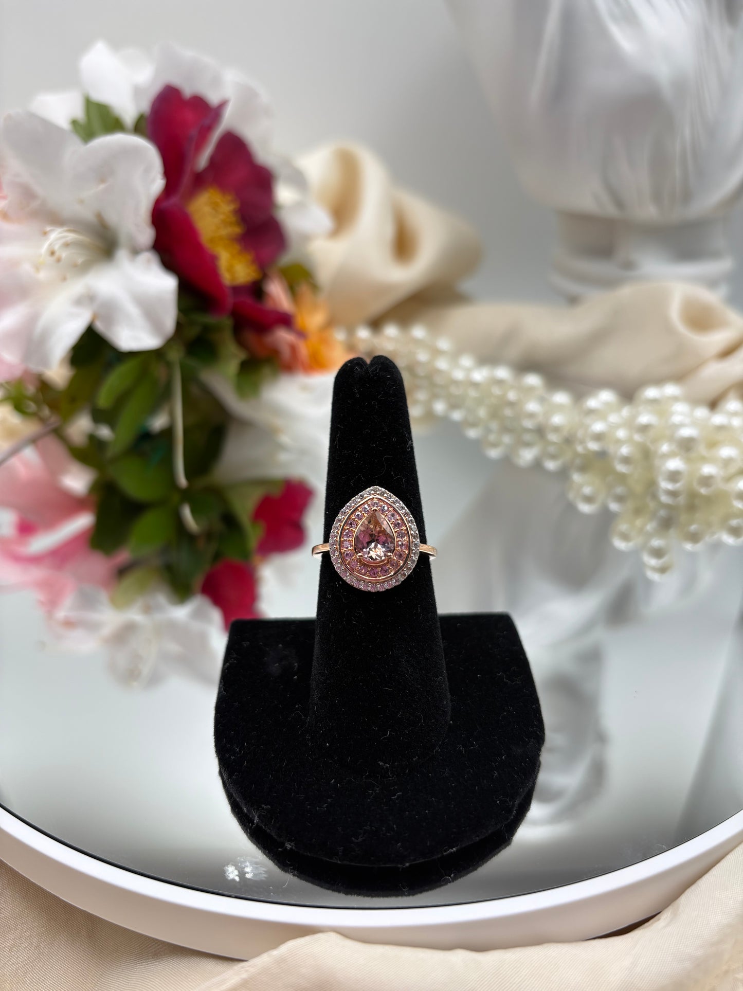 Natural Blush Tourmaline Multi Gemstone Double Halo Ring in Vermeil RG Over Sterling Silver
