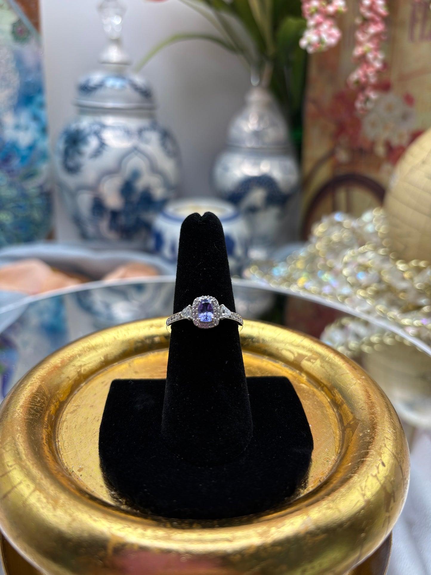 Tanzanite , White Zircon Ring in Rhodium Over Sterling Silver