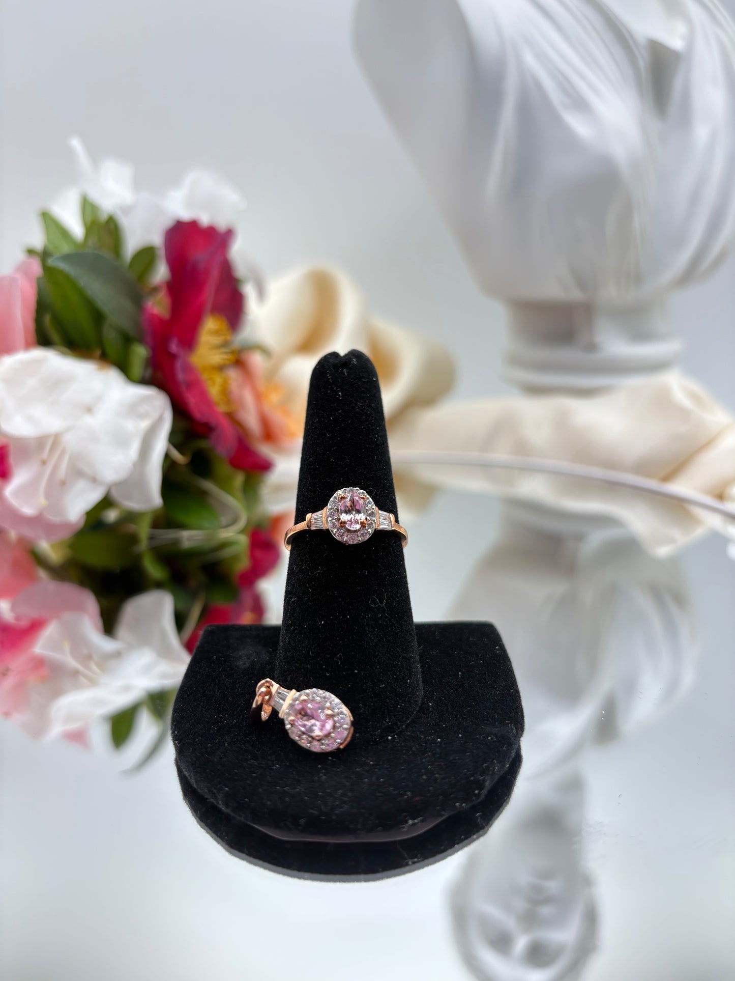 Narsipatnam Pink Spinel, White Zircon Halo Ring and Pendant in 18K Vermeil RG Over Sterling Silver