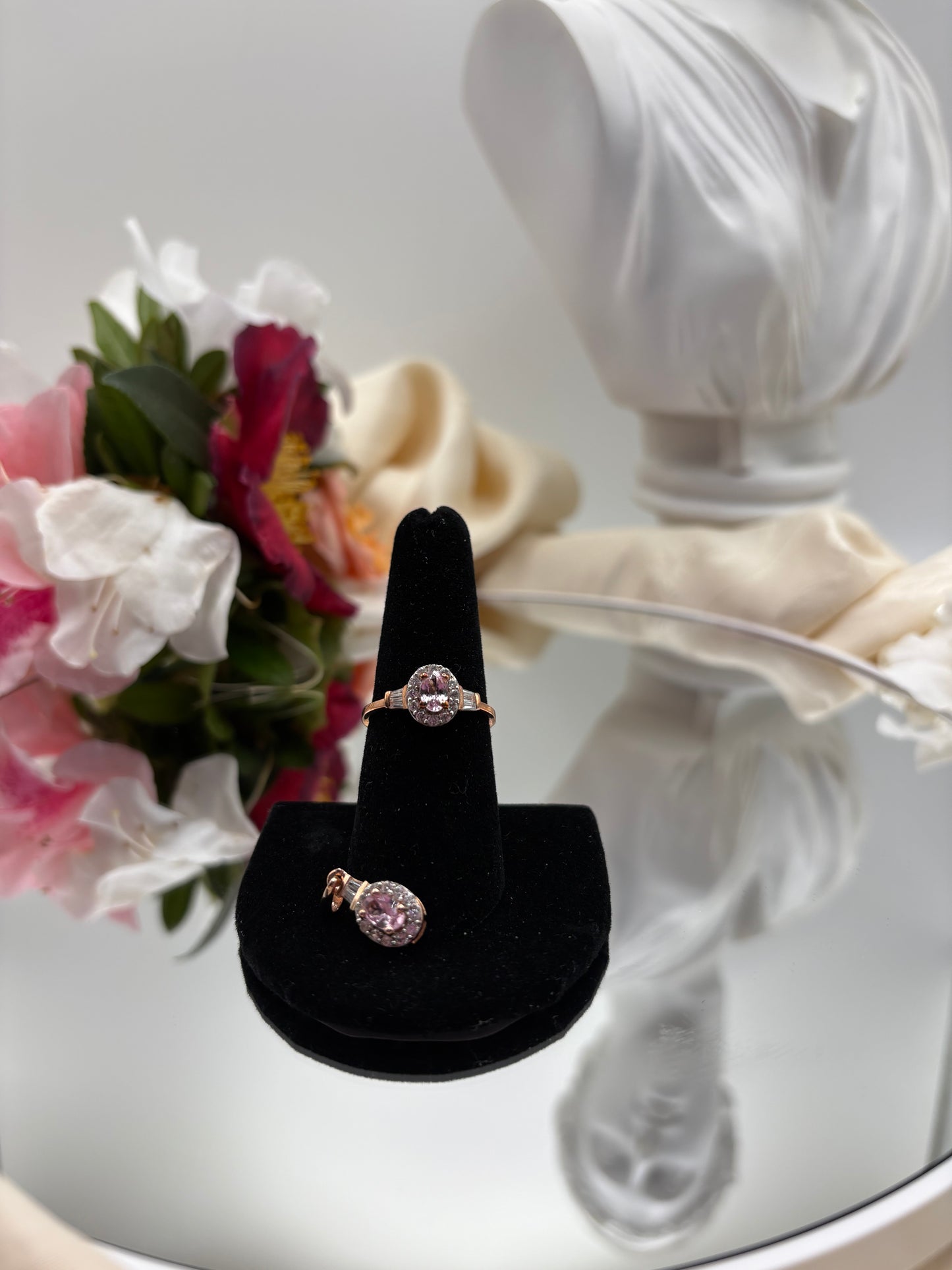 Narsipatnam Pink Spinel, White Zircon Halo Ring and Pendant in 18K Vermeil RG Over Sterling Silver