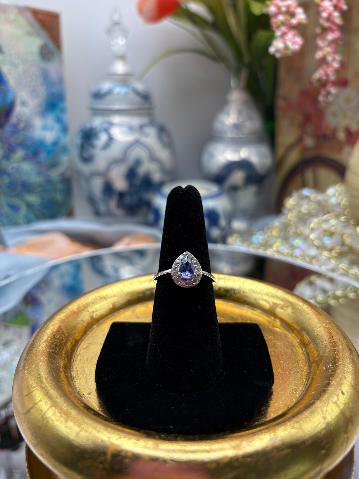 Tanzanite , Natural White Zircon Halo Ring in Platinum Over Sterling Silver