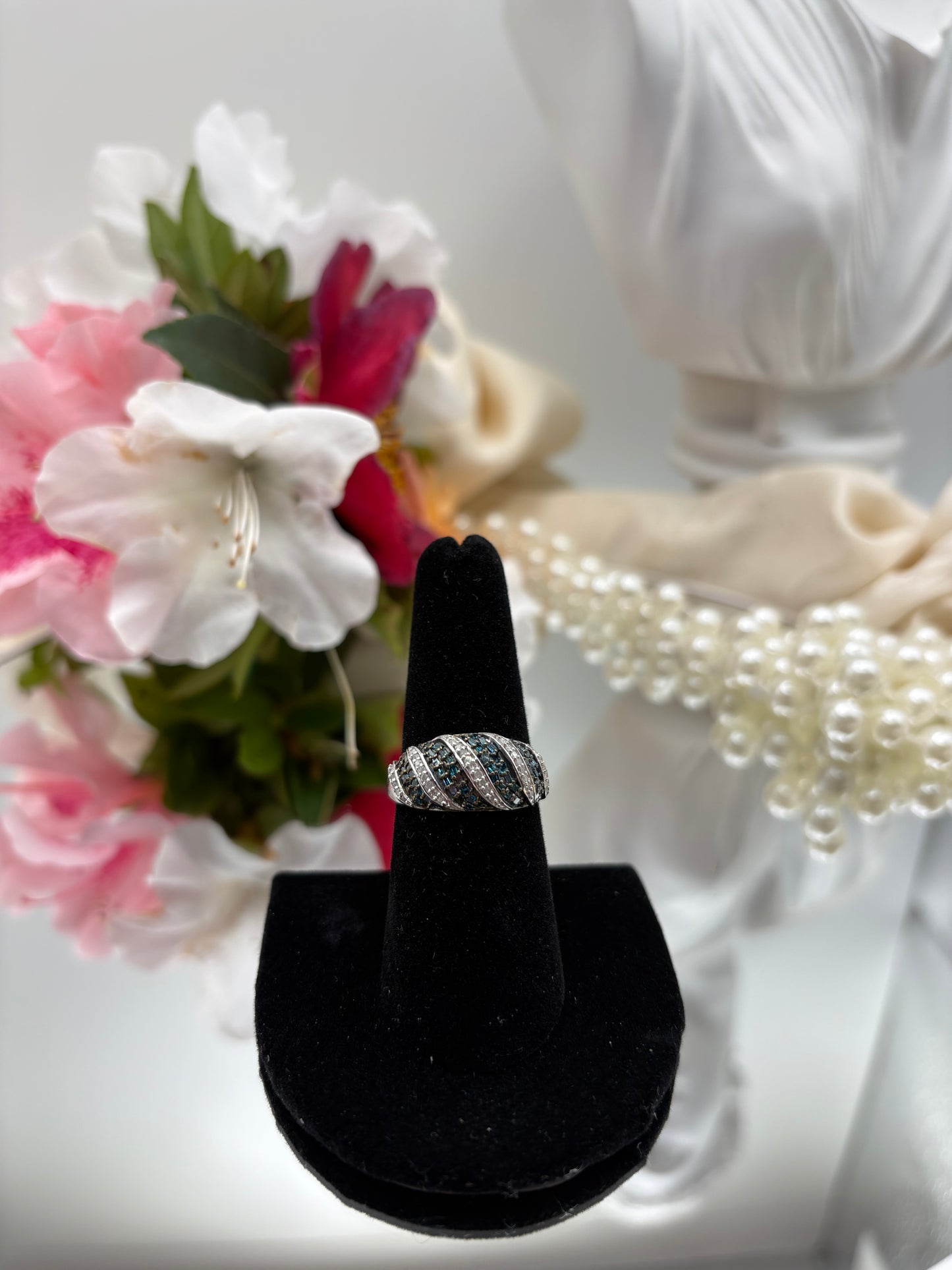 Blue Diamond , Diamond Ring in Rhodium and Platinum Over Sterling Silver