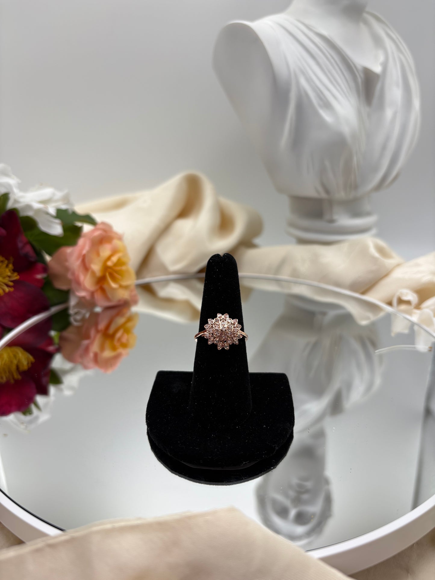 Uncut Natural Pink Diamond Floral Stud Jewelry Set In 18K Vermeil RG Over Sterling Silver