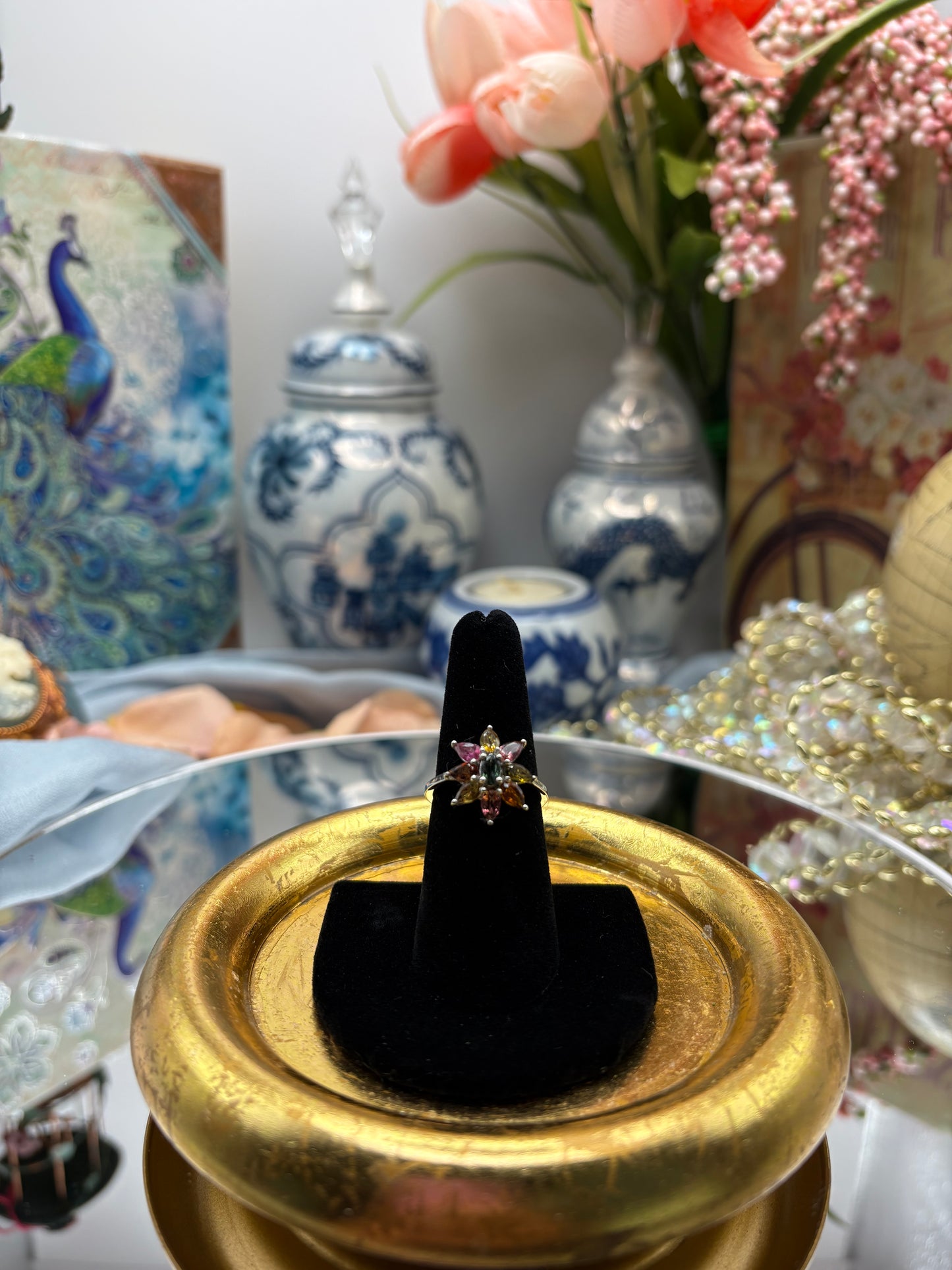 Multi-Tourmaline Floral Spray Ring in Platinum over Sterling Silver