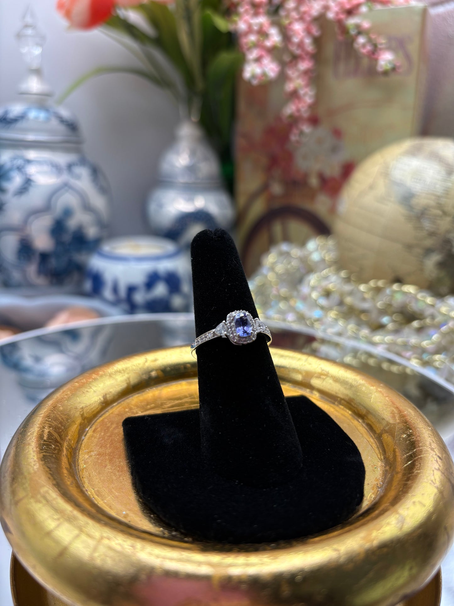 Tanzanite , White Zircon Ring in Rhodium Over Sterling Silver