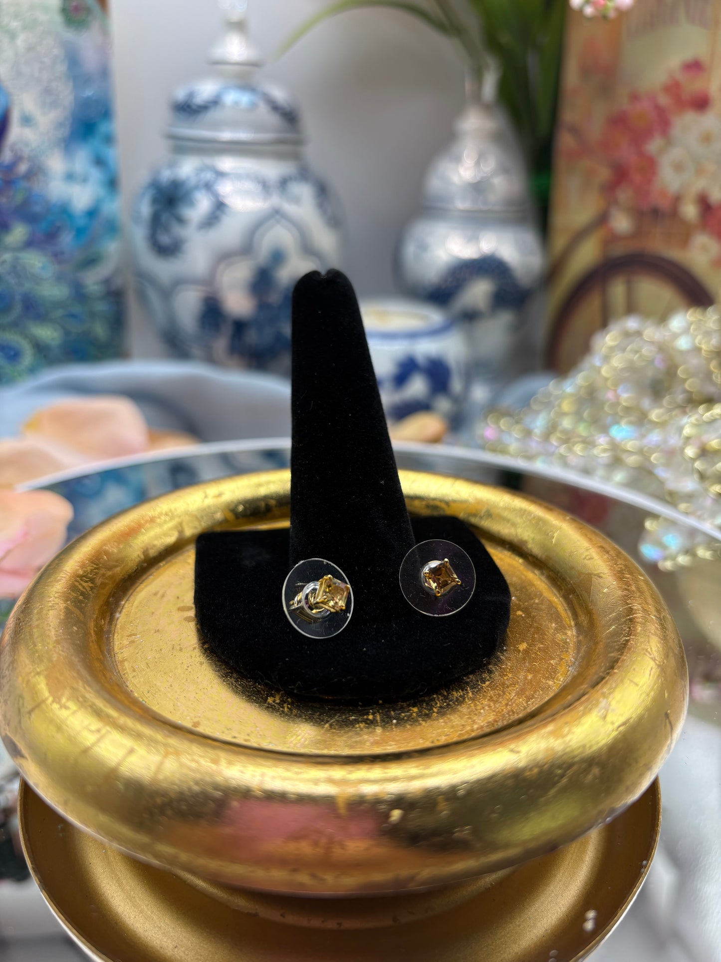 Premium Golden Turkizite Stud Earrings in 18K Vermeil Yellow Gold Sterling Silver