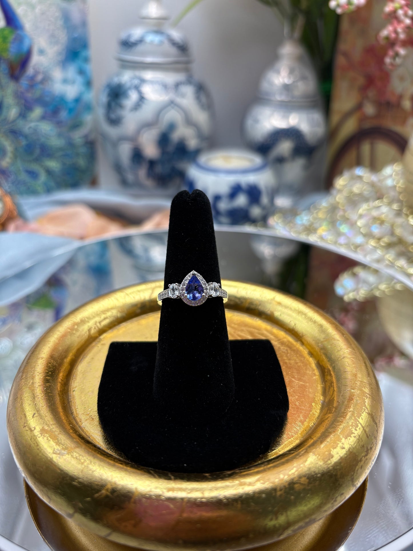 Tanzanite , White Zircon Ring in Rhodium Over Sterling Silver