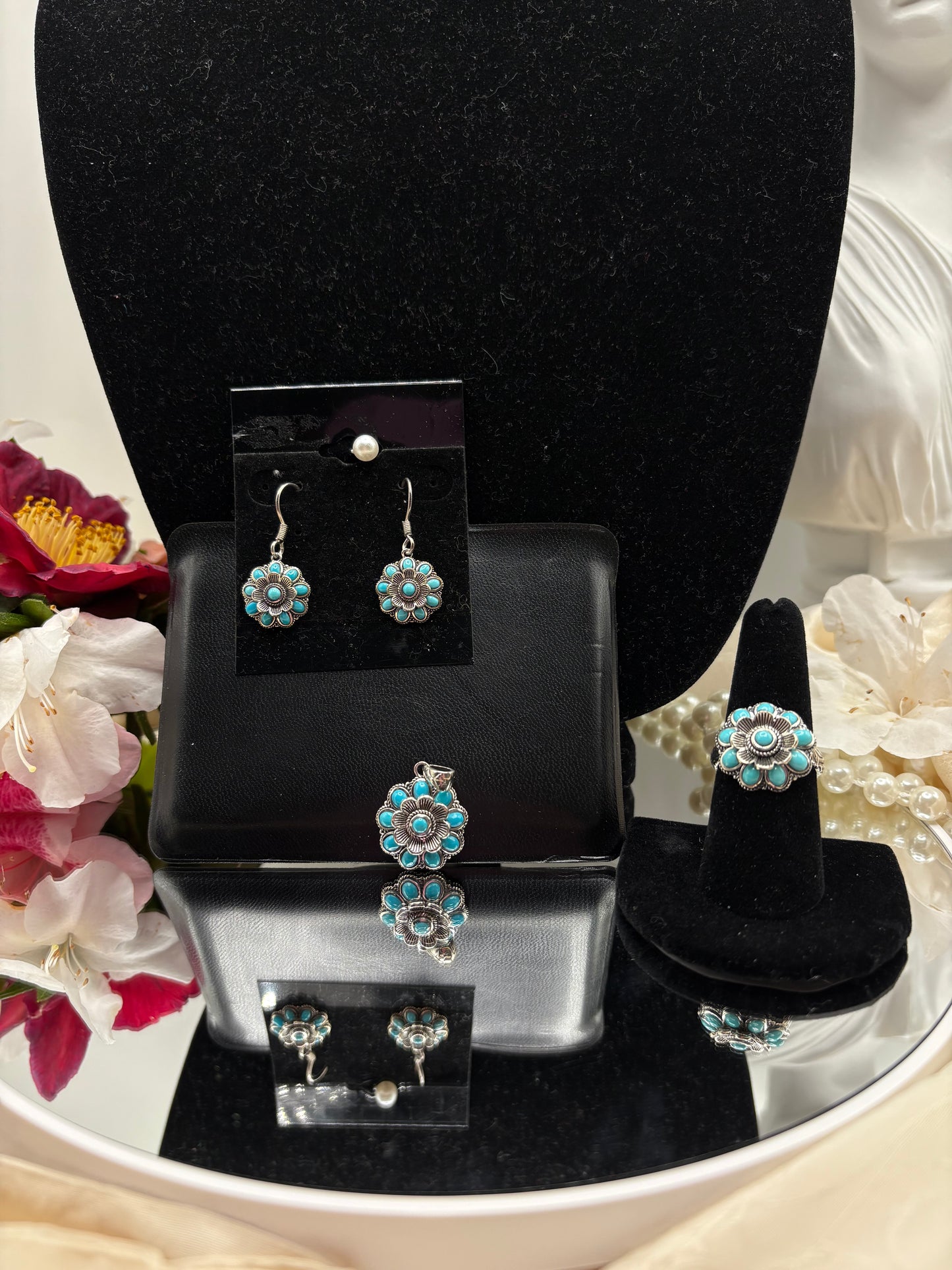 Artisan Crafted Sleeping Beauty Turquoise Floral Set in Black Oxidized Serling Silver