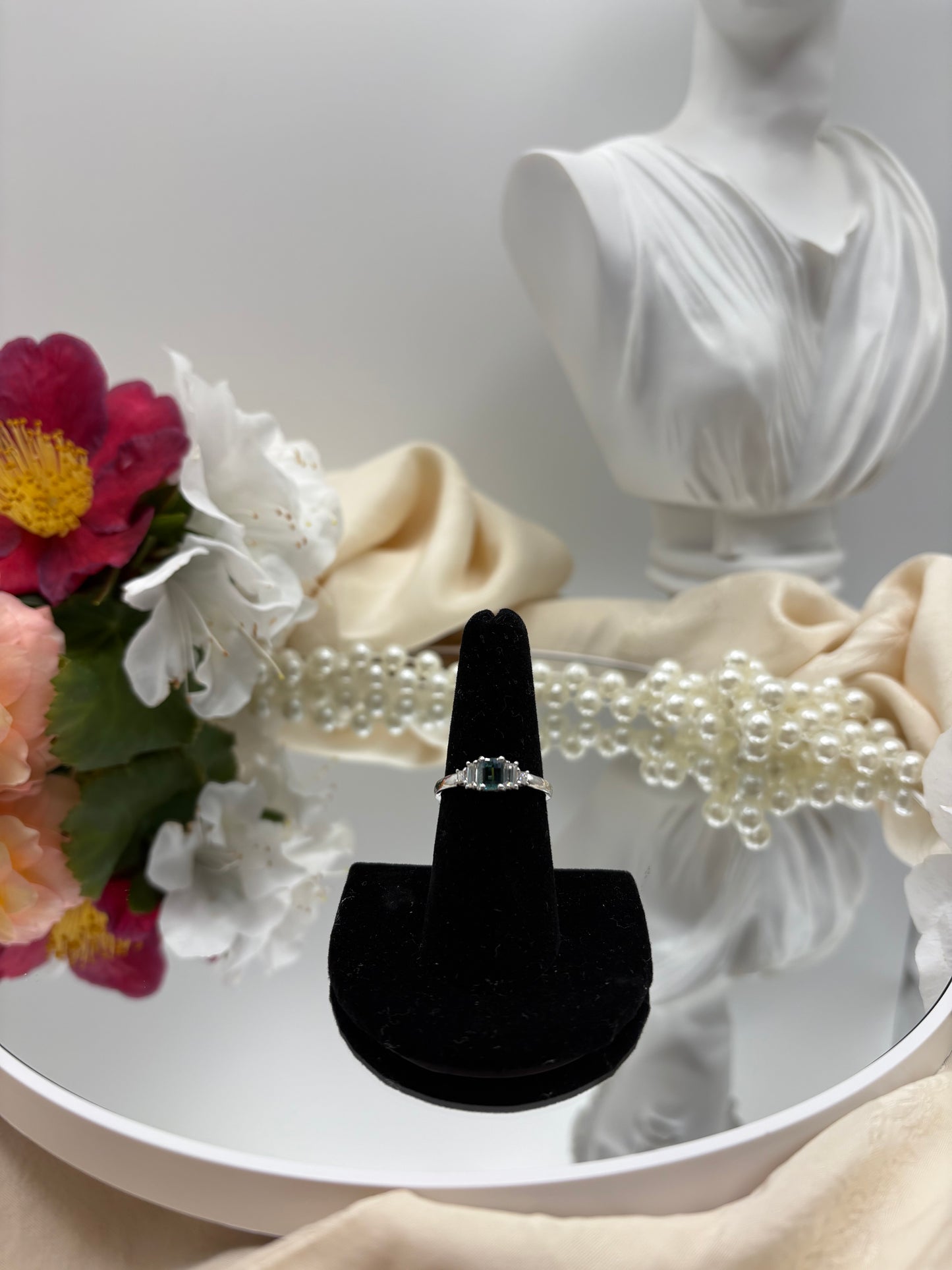 Pirineu Lagoon Tourmaline , Moissanite Majesty Ring in Rhodium Over Sterling Silver