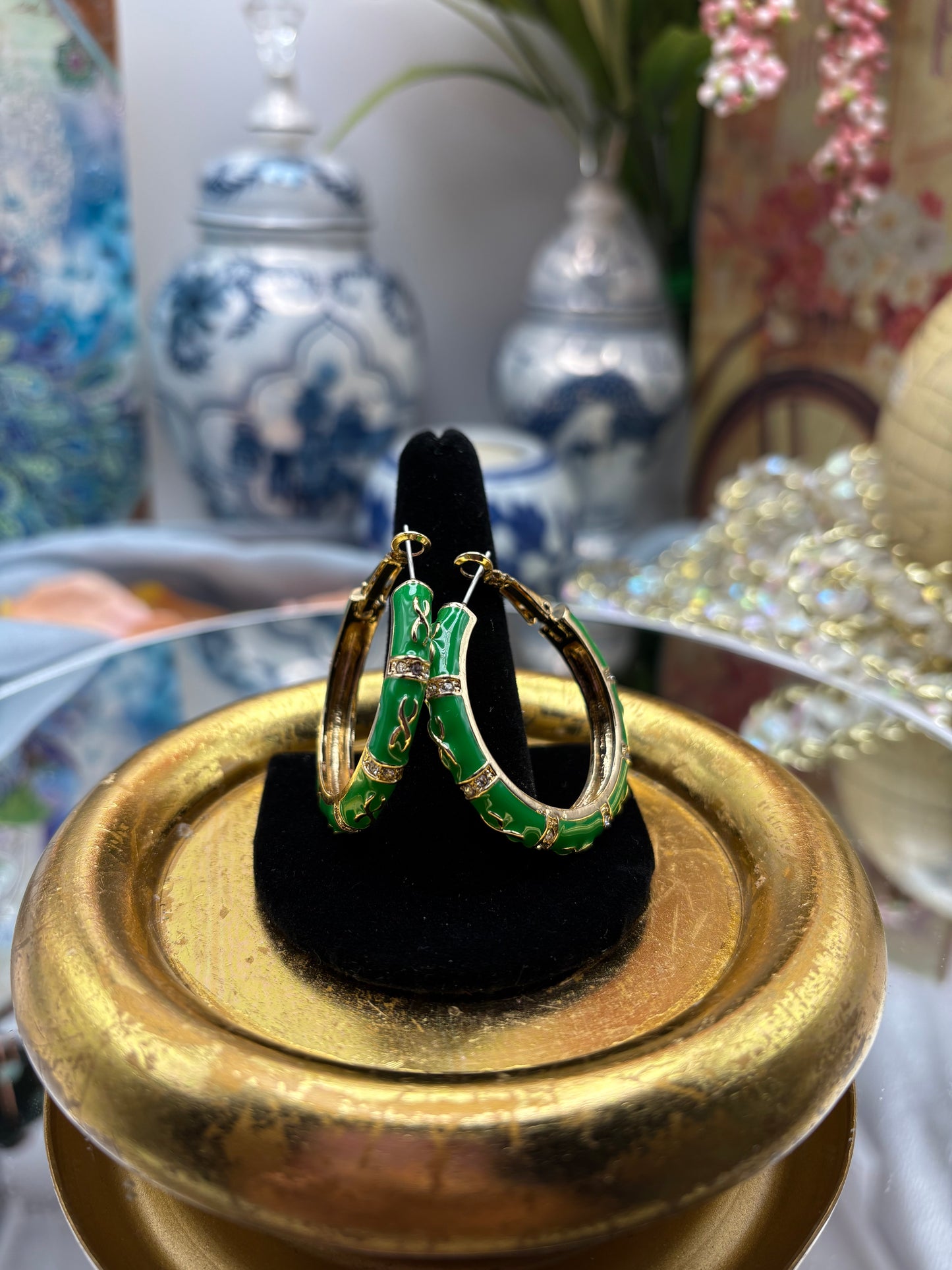 White Austrian Crystal , Green Enameled Hoop Earrings in Goldtone