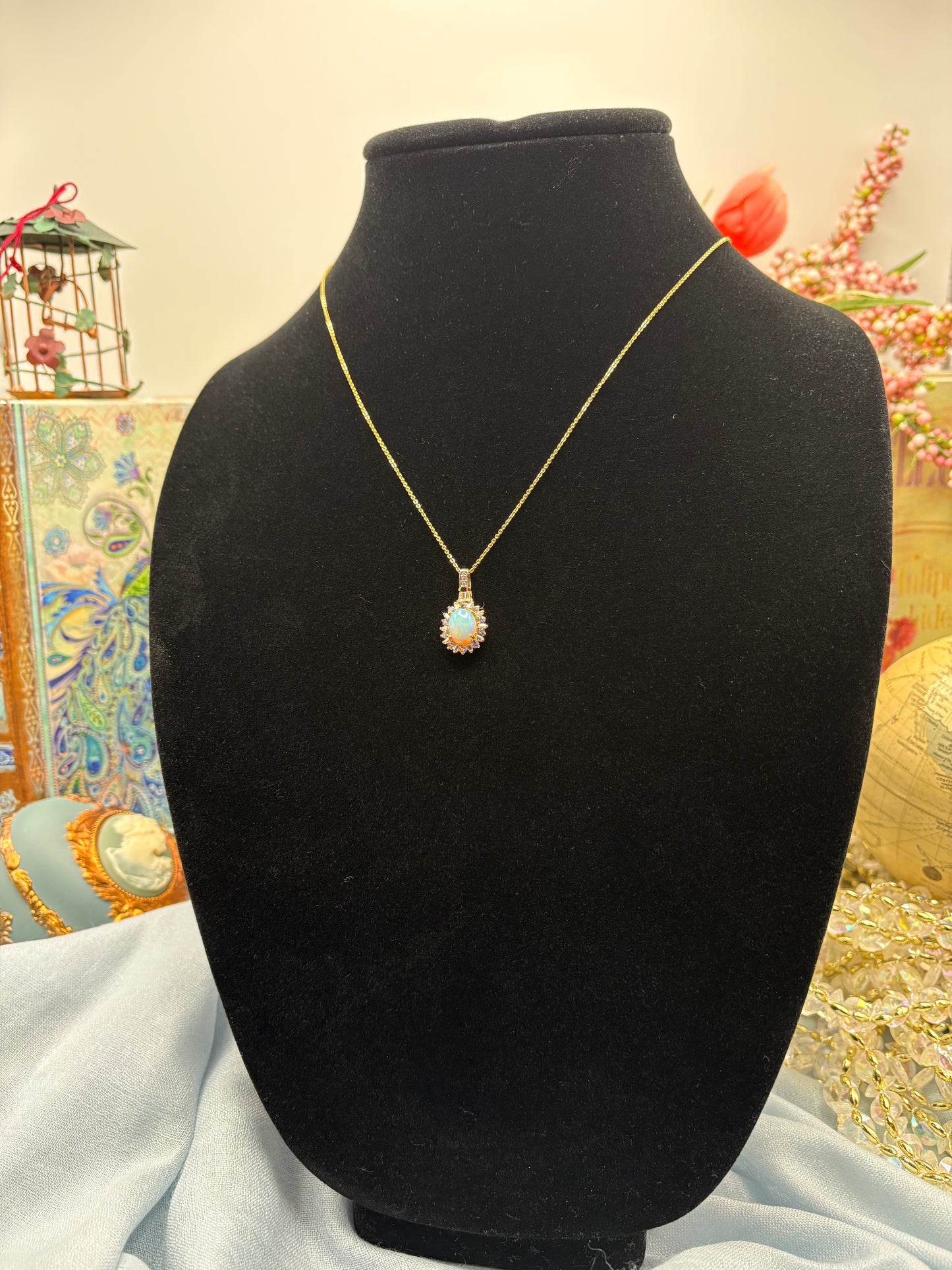 Premium Ethiopian Welo Opal , Multi Gemstone Sunburst Pendant Necklace