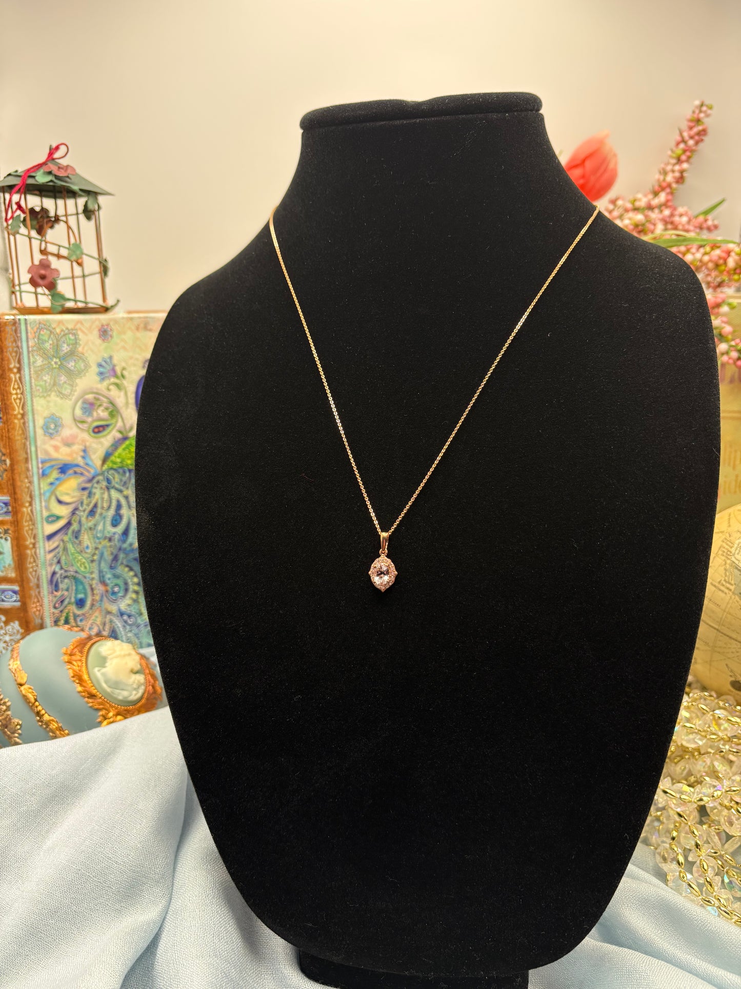 Pink Morganite, White Zircon Pendant Necklace in 18K Vermeil RG Sterling Silver