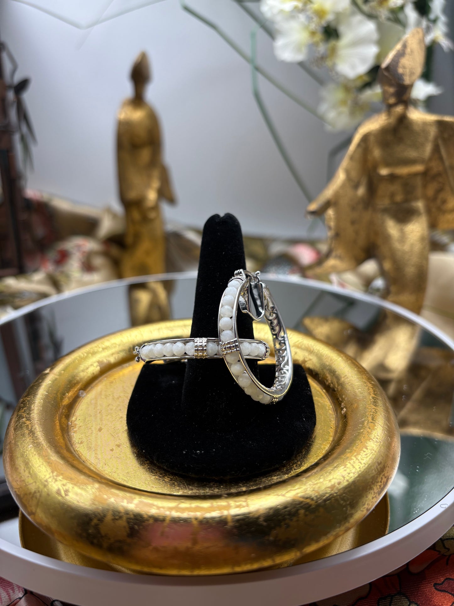 Karis Kuisa Rainbow Moonstone Faceted Hoop Earrings in Platinum Bond