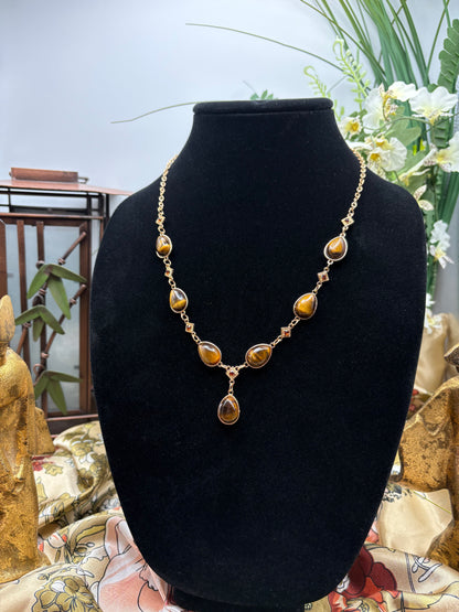Yellow Tigers Eye, Brown Austrian Crystal Necklace