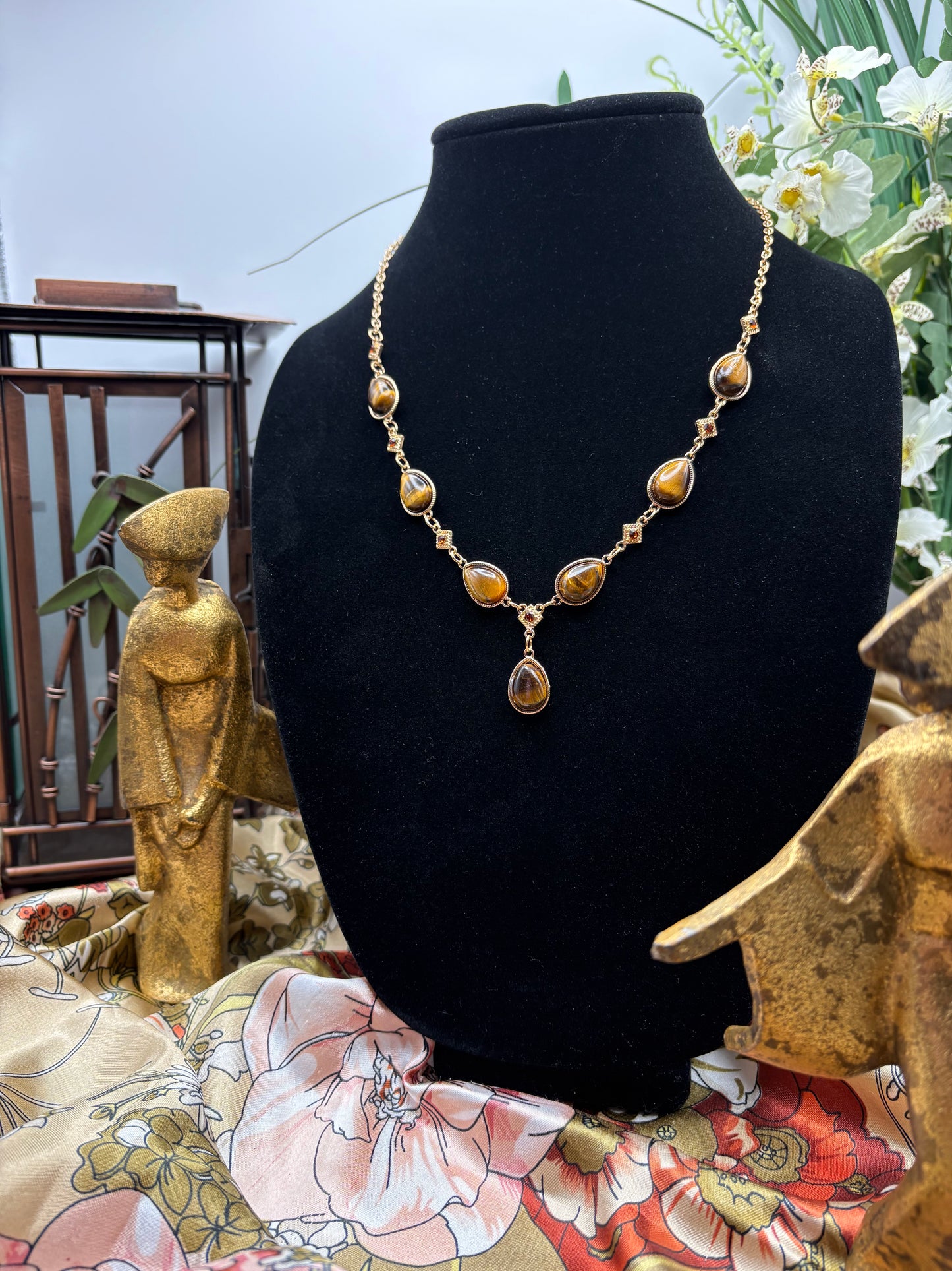 Yellow Tigers Eye, Brown Austrian Crystal Necklace