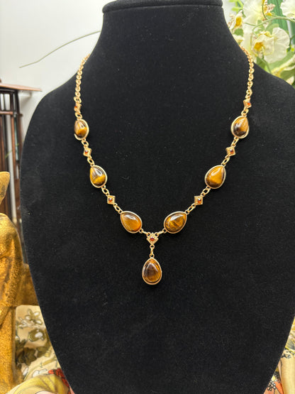 Yellow Tigers Eye, Brown Austrian Crystal Necklace