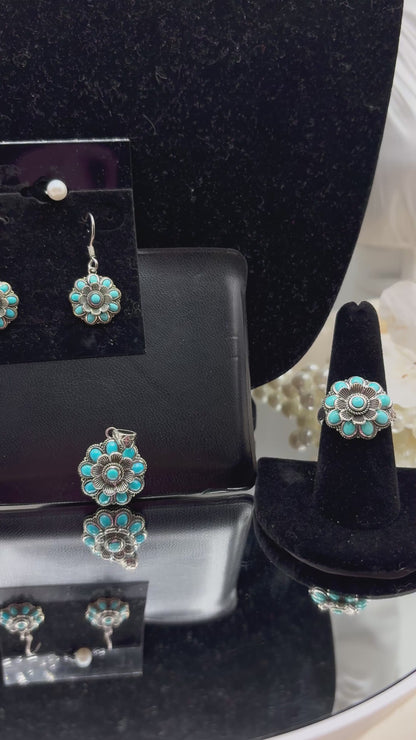 Artisan Crafted Sleeping Beauty Turquoise Floral Set in Black Oxidized Serling Silver