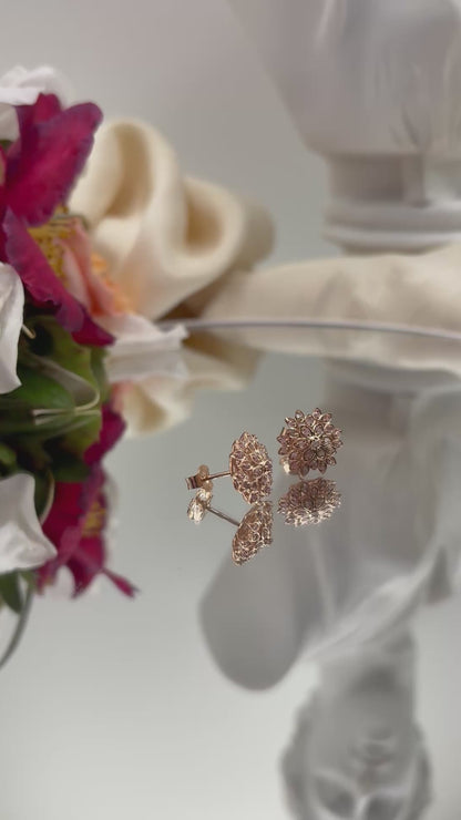 Uncut Natural Pink Diamond Floral Stud Jewelry Set In 18K Vermeil RG Over Sterling Silver