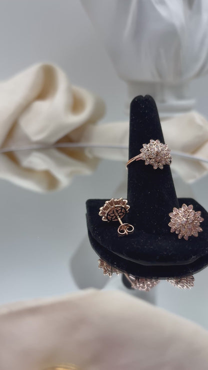 Uncut Natural Pink Diamond Floral Stud Jewelry Set In 18K Vermeil RG Over Sterling Silver