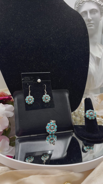 Artisan Crafted Sleeping Beauty Turquoise Floral Set in Black Oxidized Serling Silver