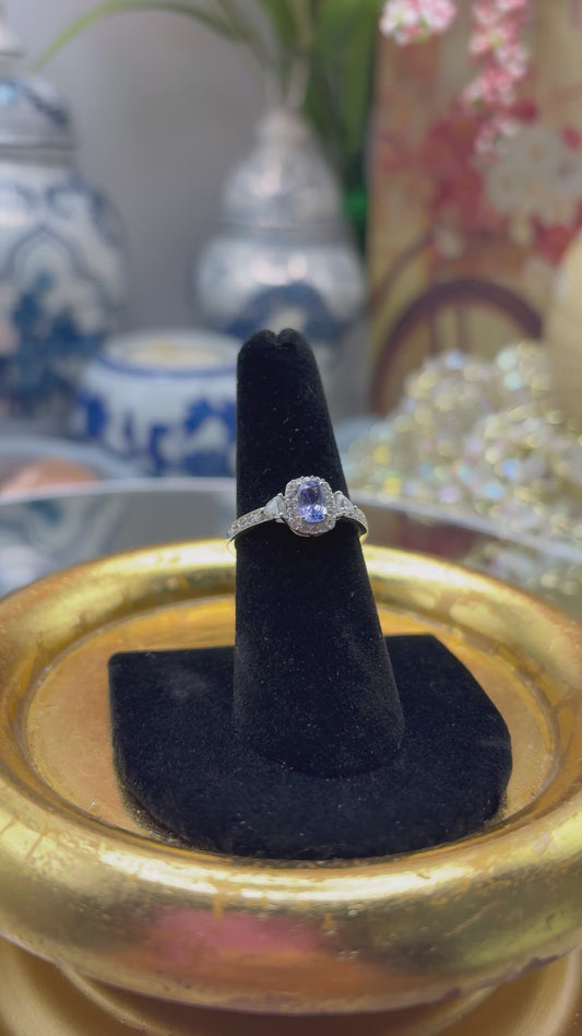 Tanzanite , White Zircon Ring in Rhodium Over Sterling Silver
